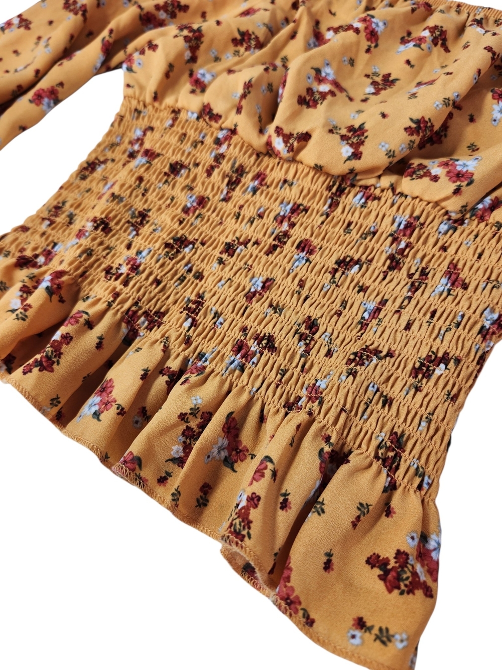 Ultra Flirt Floral Smocked Peplum Peasant Top Yellow Long Sleeve Square Neck S - Picture 8 of 13